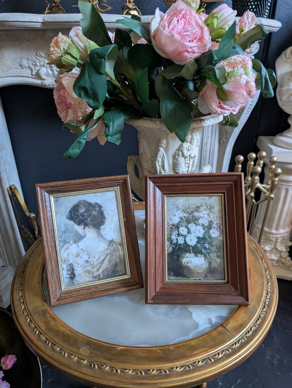 Vintage, set of 2, Walnut wood Frames, gold detail, w/ vtg style art textured